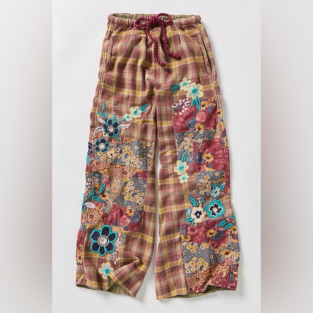 Free People Brooks Embroidered Wide-Leg Patchwork Pants Green Combo - Picture 6 of 15